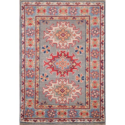 Gray Geometric Kazak Oriental Foyer Rug Hand-Knotted Wool Carpet - 2'0" x 3'0"