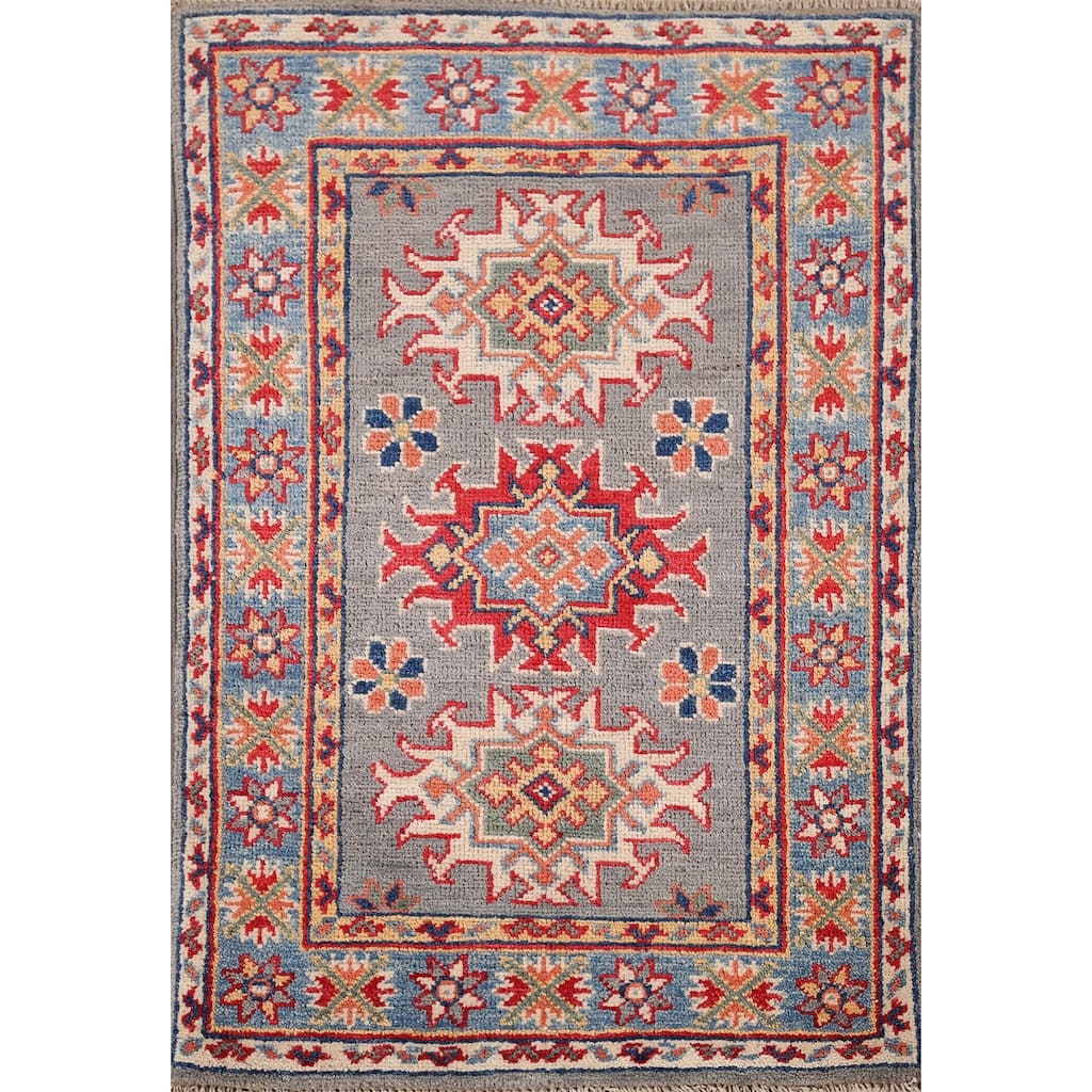 Gray Geometric Kazak Oriental Foyer Rug Hand-Knotted Wool Carpet - 2'0" x 3'0"