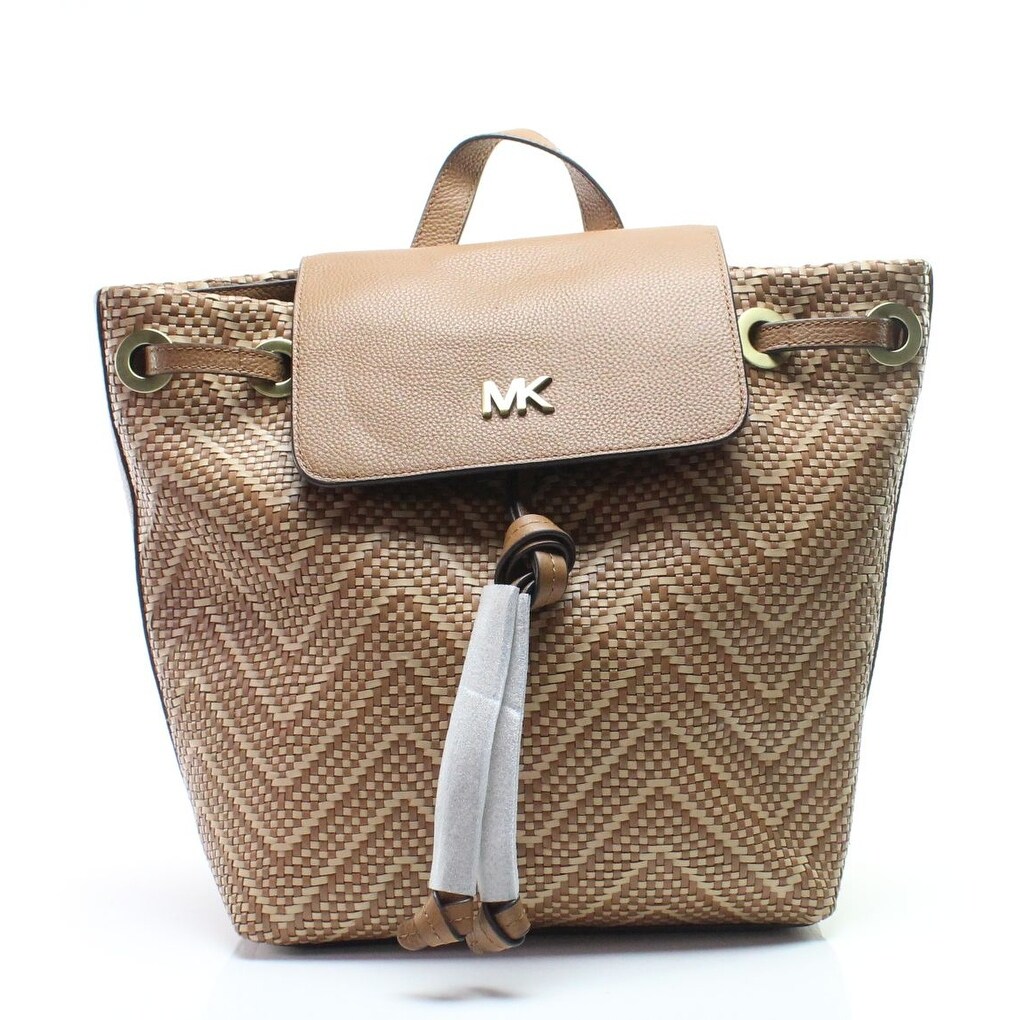 Shop Michael Kors Womens Backpack Brown Leather Woven Junie Flap Medium Bag Overstock 29354714