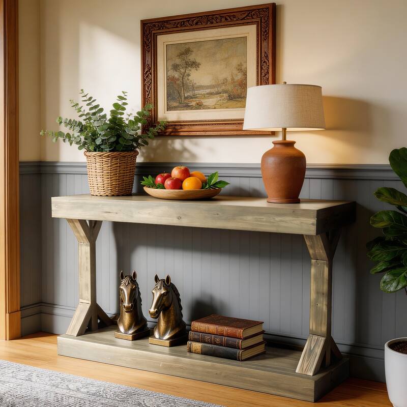 Solid Wood Console Table With Storage Shelf Farmhouse Wooden Entryway Sofa Table Behind Couch
