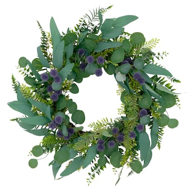 Puleo International 24" Artificial Echinops Floral Spring Door Wreath, Green/Purple