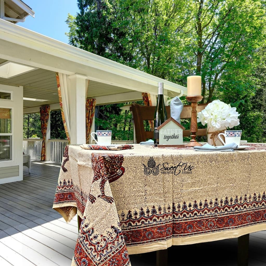 Block Print Veggie Dye Peacock Paradise Paisley Tablecloth Collection