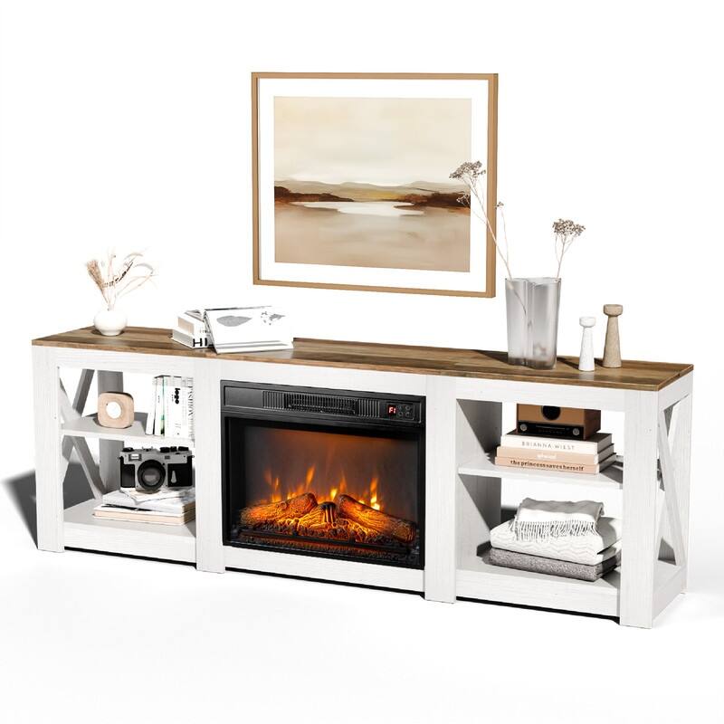 Farmhouse 70'' TV Stand For Tvs Up To 70'' With 23'' Electric Fireplace and Adjustable Shelves