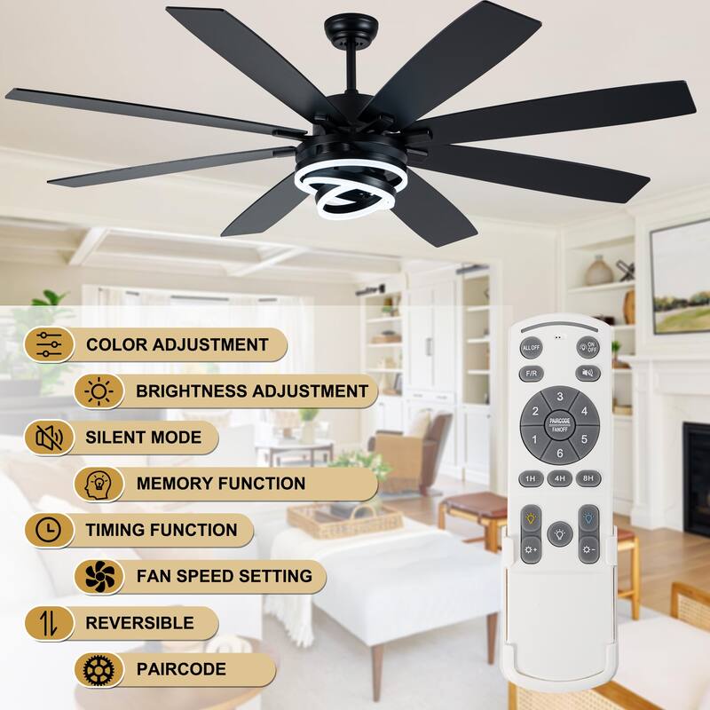 Cusp Barn 52"/72" Modern Large Dimmable LED Ceiling Fan with Lights and Remote, Reversible 8-Blade DC Motor DIY Shape Chandelier