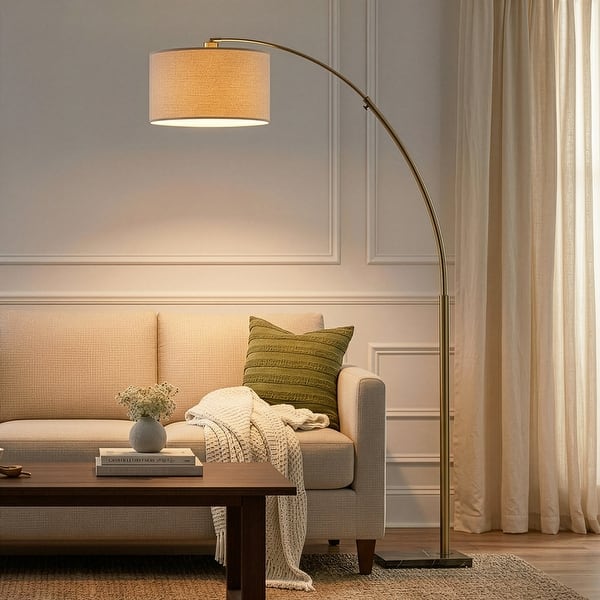 slide 2 of 13, Brightech Logan 76 in. Antique Brass Modern Adjustable and Extendable LED Floor Lamp with White Fabric Drum Shade