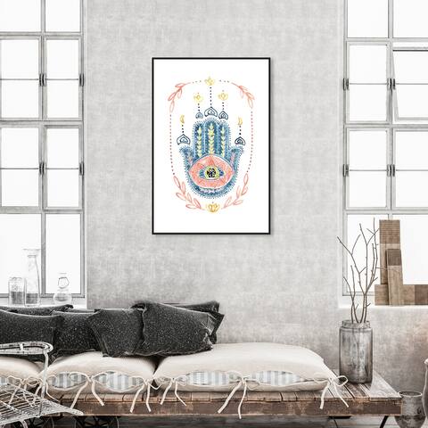 Oliver Gal 'Hamsa Watercolor' Symbols and Objects Wall Art Framed Canvas Print Mystic Symbols - Pink, Gold
