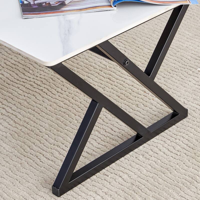 47" Modern Rectangular Coffee Table with Sintered Stone Tabletop and X-shaped Metal Legs