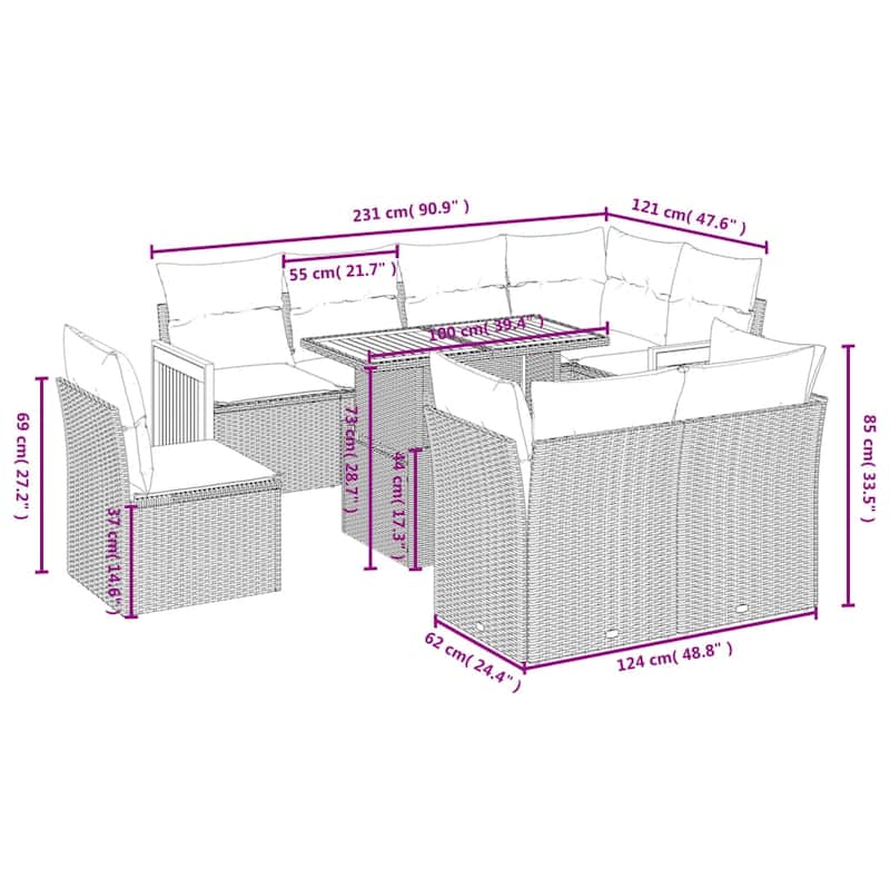vidaXL Patio Sofa Set with Cushions Outdoor Furniture 9 Piece Poly Rattan