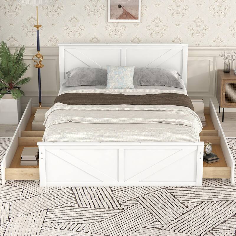 Queen Size Wooden Platform Bed with Four Storage Drawers and Support