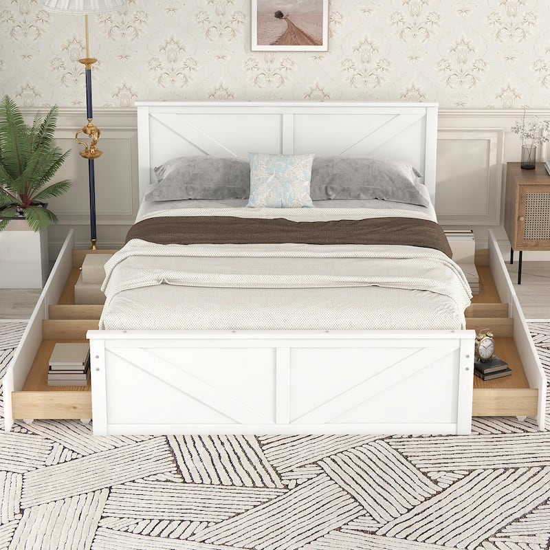 Wooden Platform Bed with Four Storage Drawers and Support Legs