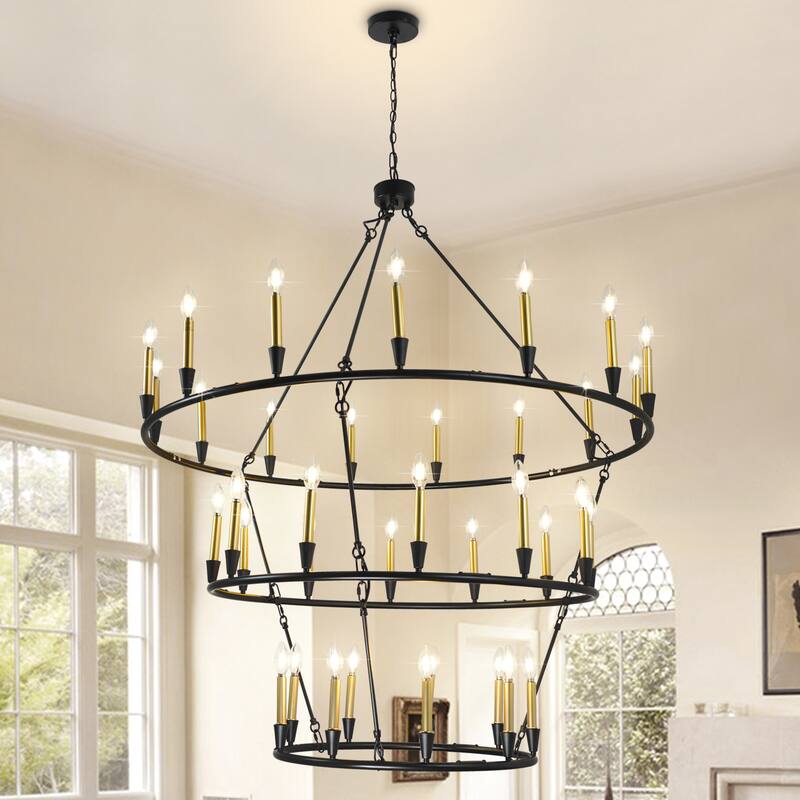 3Tier Wagon Wheel Chandelier Extra Large Chandeliers for High Ceilings - 36-Light