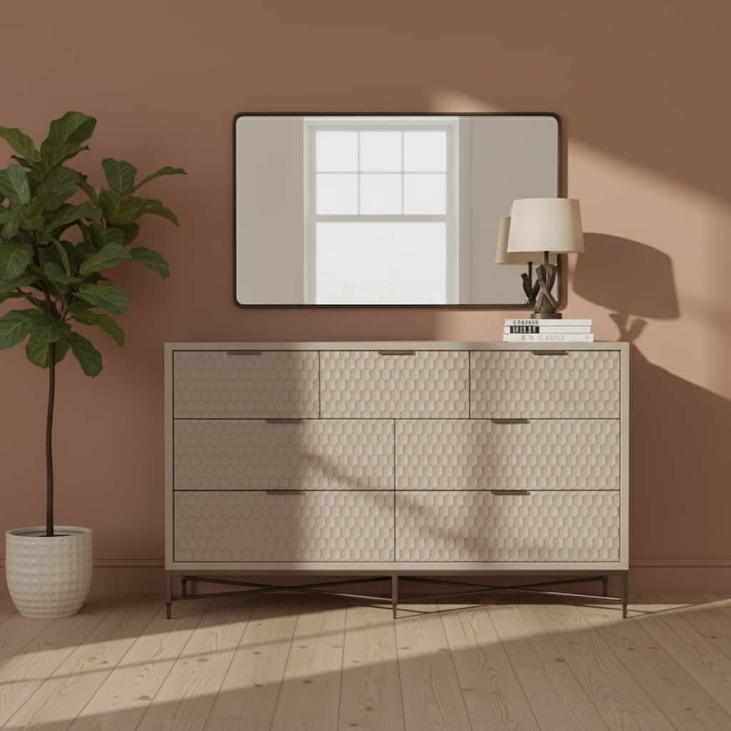 Rexi 56 Inch 7 Drawer Dresser, Honeycomb Pattern, Mahogany Wood, Taupe Gray