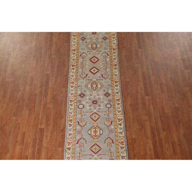 Geometric Kazak Runner Rug Handmade Grey Wool Carpet - 2'8" x 16'3"