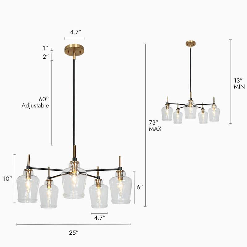 Mid-Century Modern 5-Light Glass Chandelier Black Gold Pendant Lights for Dining Room