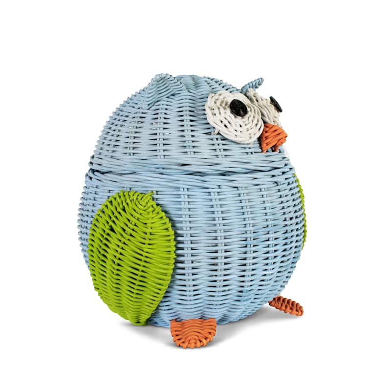 Blue Owl Rattan Storage Basket with Lid Decorative Home Decor Hand Woven Shelf Organizer Cute Handmade Handcrafted Gift Art - 9.5" tall x 9.5" wide x 8" deep