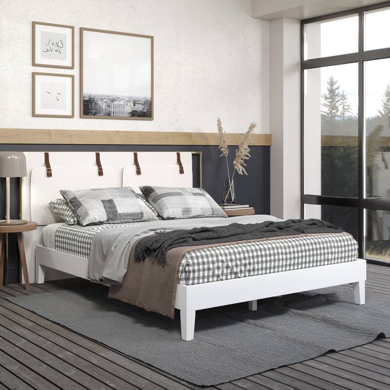 White Queen Platform Bed with Under Bed Storage and 28-Slat Dual-Zone System