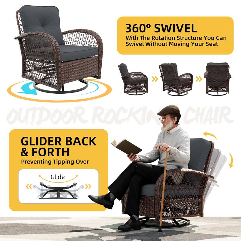 UPHA 6-Piece Patio Outdoor Wicker Swivel Rocking Chair Set with Side Table and Cushions