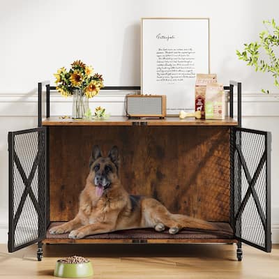 Dog Crate Furniture with Cushion, Double Doors, End Table Design