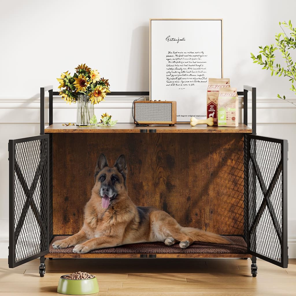 Dog Crate Furniture with Cushion, Double Doors, End Table Design