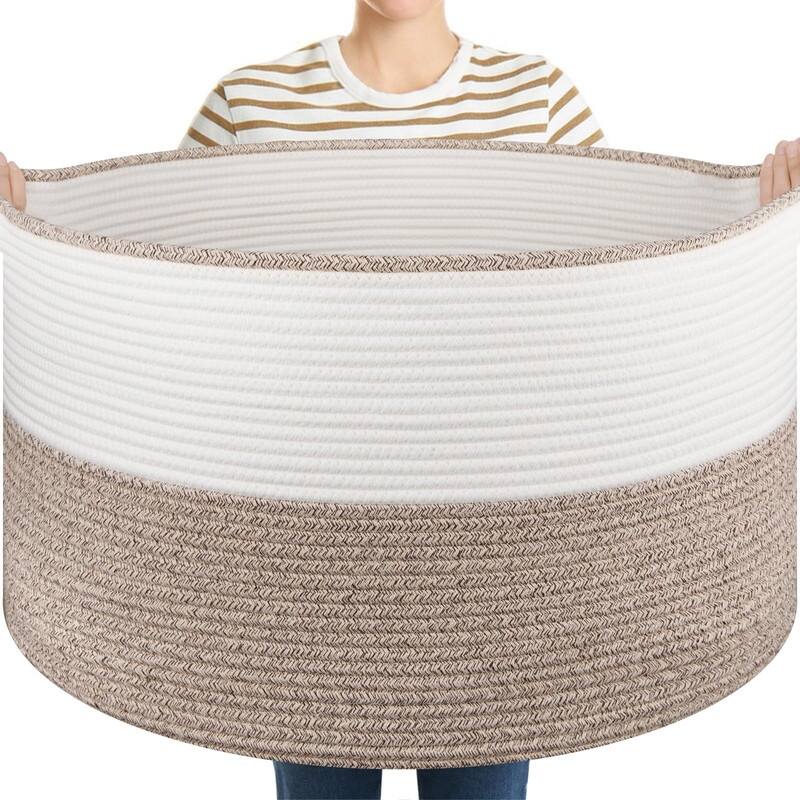 Large Woven Storage Basket with Handles - Cotton Rope, 22.8"x13" - Brown & White