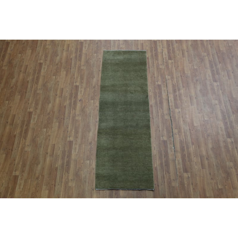 Hand Knotted Oriental 100% Wool Carpet Modern Solid Green Gabbeh Runner Rug - 8' 0'' X 2' 6''
