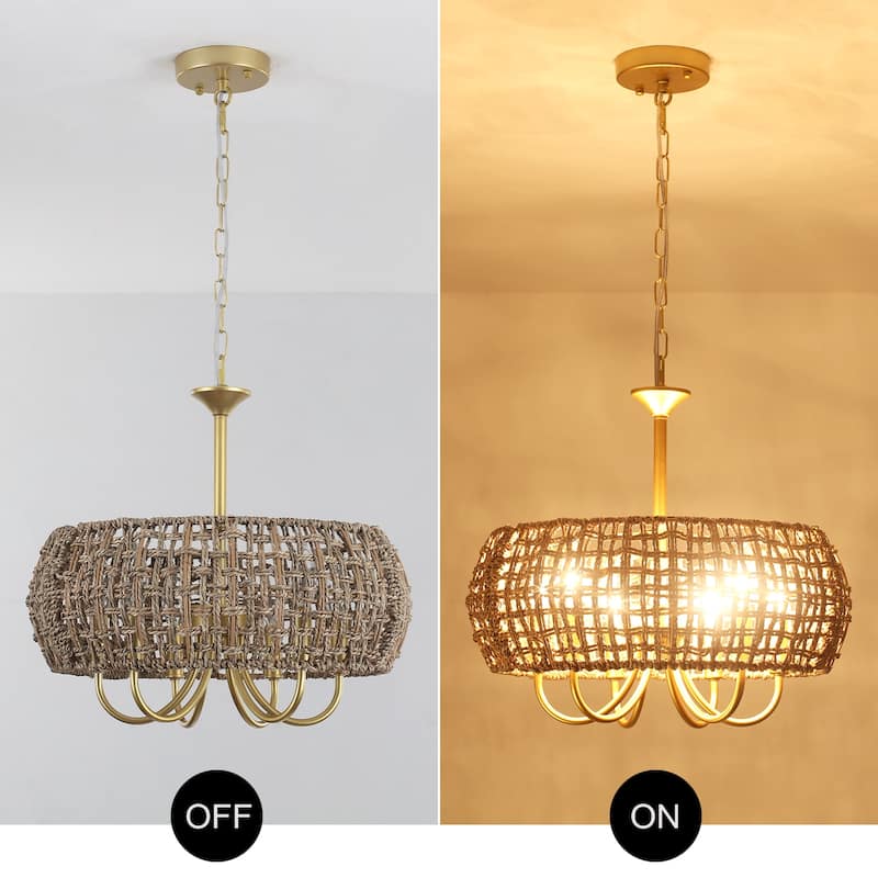 18.11inch Bohemian 6 lights adjustable height With Hand-Woven Rattan Lampshade for different rooms
