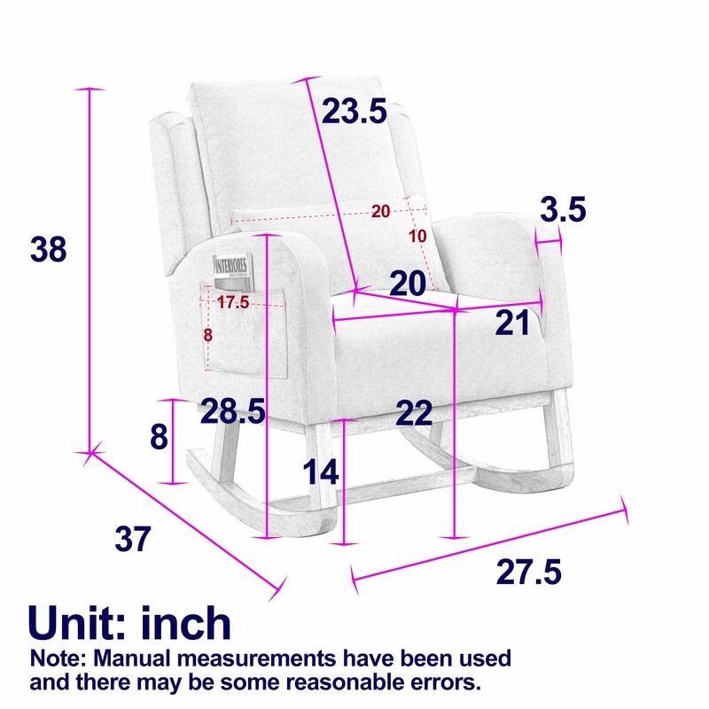 High Back Rocker Accent Chair with Wood Base, One Lumbar Pillow and Two Side Pockets