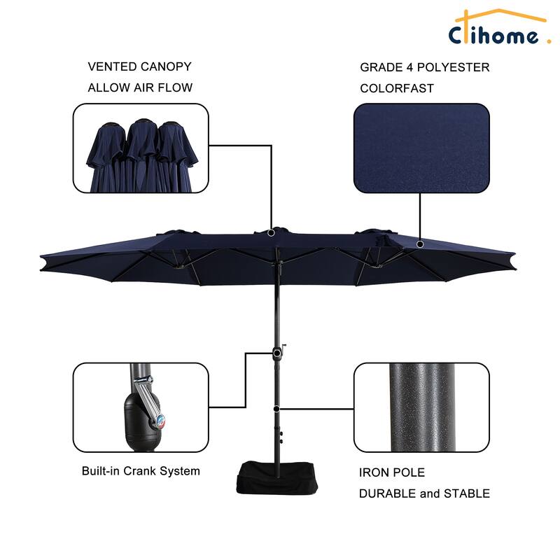 Clihome 15 Ft Outdoor Rectangular Crank Market Umbrella with Base