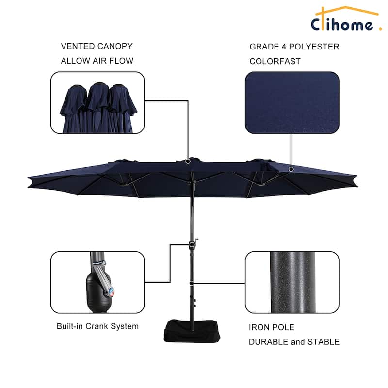 Clihome 15Ft Double-Sided Patio Market Umbrella, Outdoor Umbrella with Base
