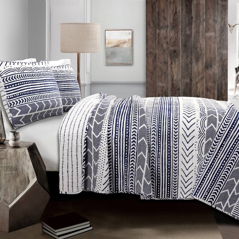 Lush Decor Hygge Geometric Pattern 3-piece Quilt Set - Navy & White - Full - Queen
