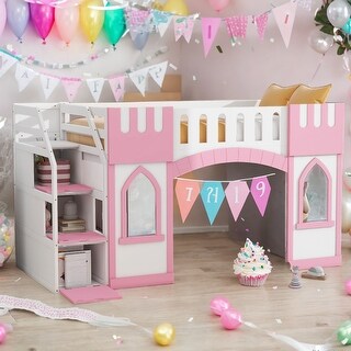 Elegant Twin Size Loft Bed with Storage Staircase and Window, Pink