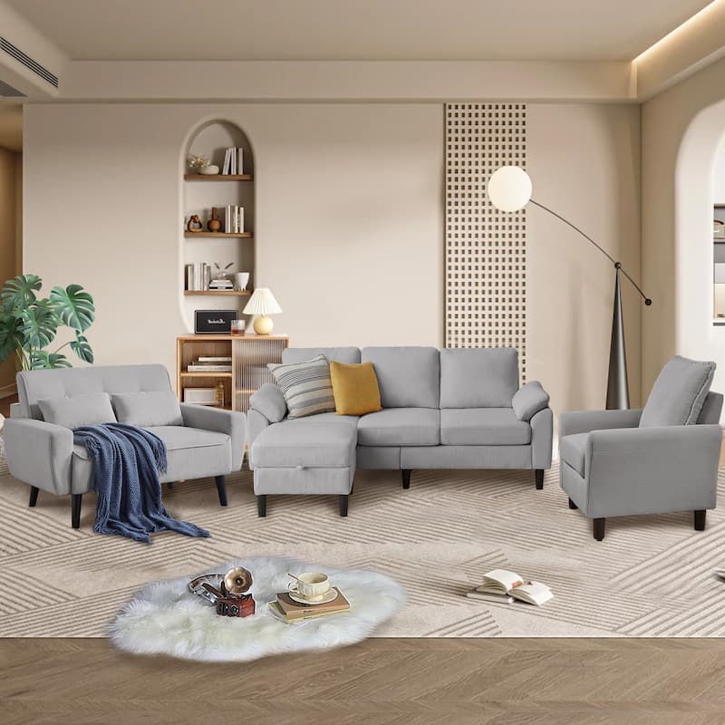4-Piece Corduroy Living Room Sectional Sofa Set with Loveseat and Chair - Light Grey