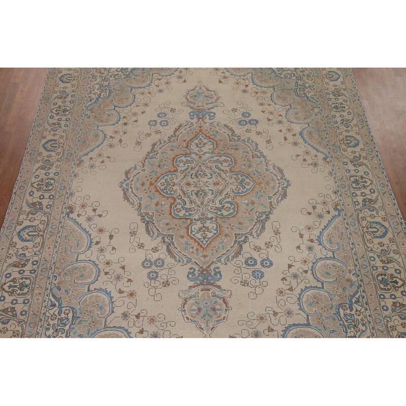 Hand Knotted Oriental 100% Wool Carpet Traditional Medallion Beige & Ivories Tabriz Area Rug - 13' 0'' X 9' 7''