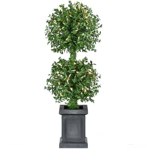 slide 2 of 3, Fraser Hill Farm 3-Ft. Boxwood 2-Ball Topiary with Black Pot and Warm White LED Lights - 3 foot