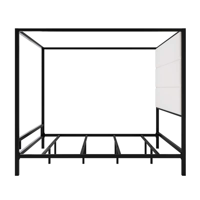 Metal Canopy Bed with Upholstered Wingback Headboard, Modern Platform 4-poster Bed Frame, Box Spring Needed