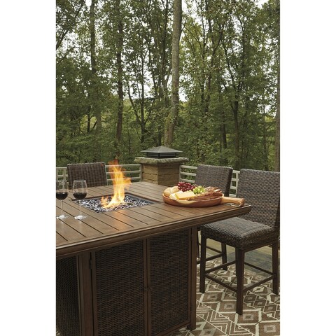 Signature Design by Ashley Paradise Trail Brown Outdoor Counter Height Dining Table with 4 Barstools - 76"W x 83"D x 45"H