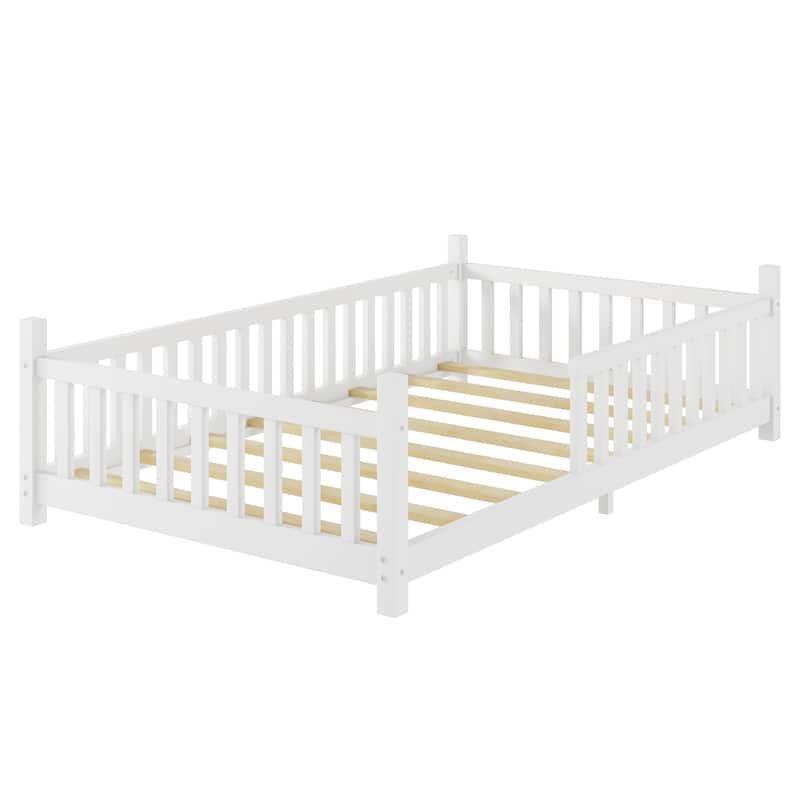 Twin House Bed with Light, Low Floor House Bed with Fence & Roof for Kids Boys Girls - White