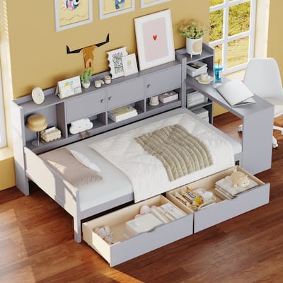 Roomfitters Wooden L-Shaped Daybed with 3 Cabinets, 2 Drawers, Desk and Bookshelf