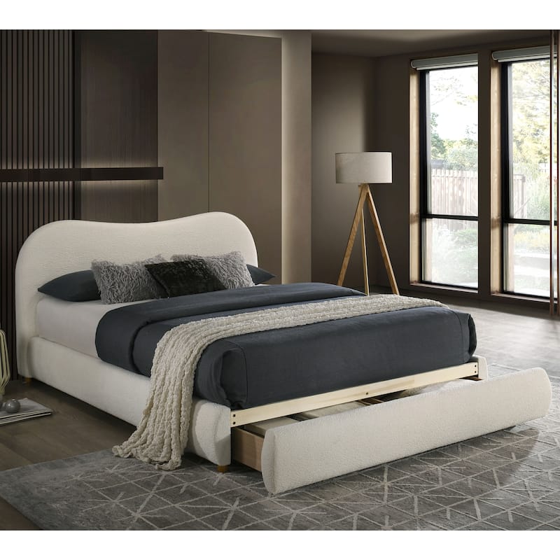 Furniture of America Niric Modern Fabric Upholstered Platform Bed with Storage Footboard - White Boucle - Queen