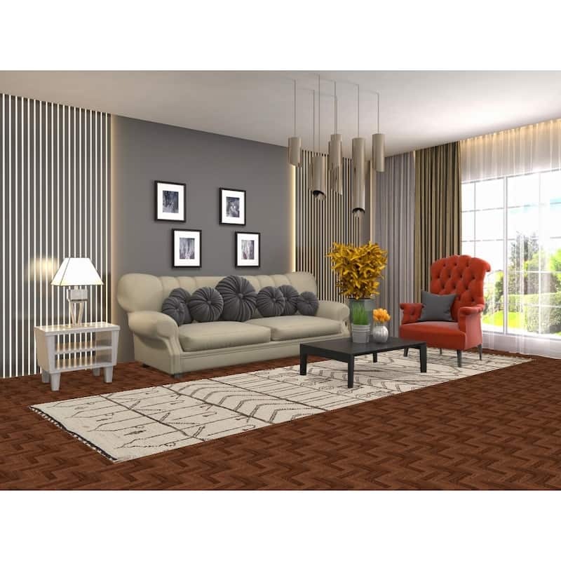 Geometric Ivory Moroccan Oriental Runner Rug Hand-Knotted Wool Carpet - 3'10"x 12'7"