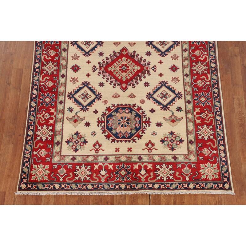 Geometric Beige Kazak Oriental Area Rug Handmade Wool Carpet - 5'0" x 6'8"