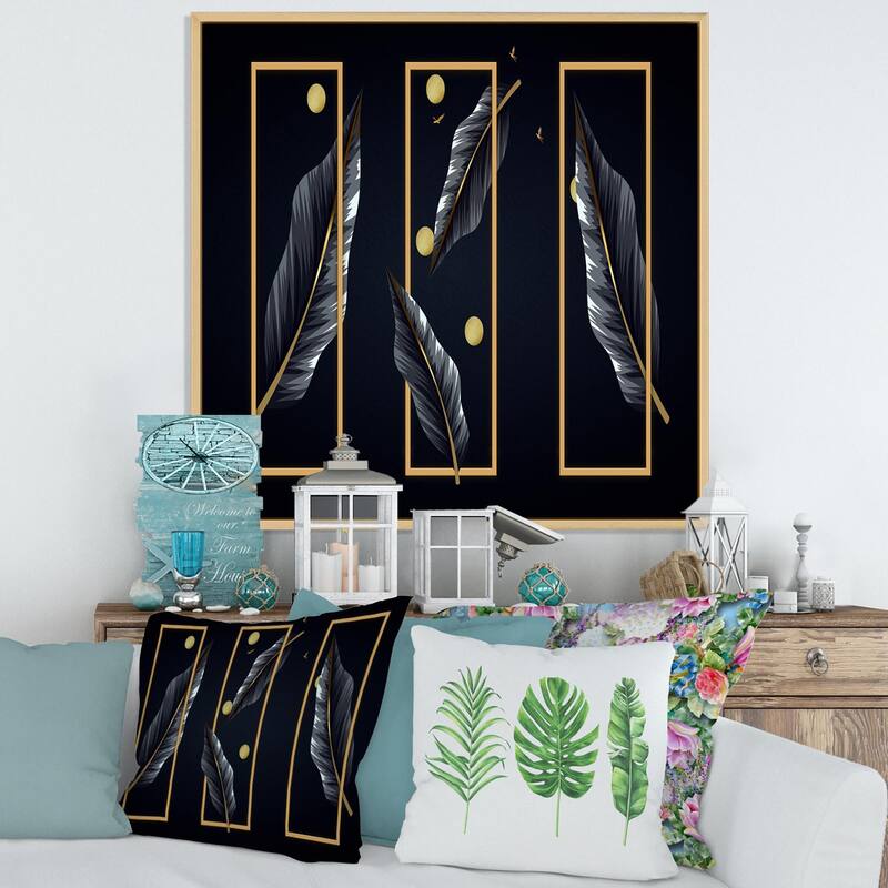 Designart "Black Tropical Leaves With Golden Rectangles" Modern Framed