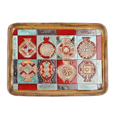 Novica Handmade Geometrical Omens Glazed Ceramic Platter
