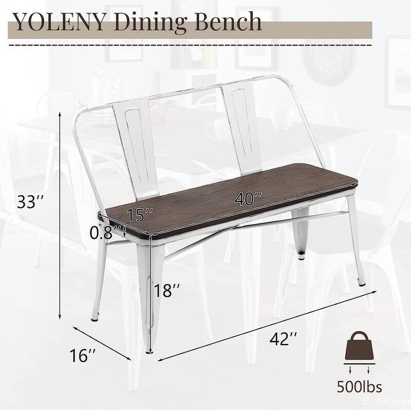 EROMMY Farmhouse-Inspired Dining Bench with Back, Industrial Metal Bench for Entryway, Wooden Seat, Accommodates 3 People,White