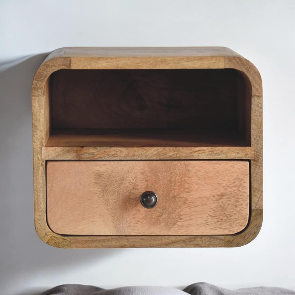Ultra-Compact Wall-Mounted Curved Wood Nightstand with Drawer and Open Shelf