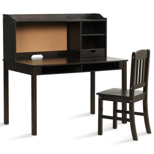 slide 2 of 28, Kids Desk and Chair Set Study Writing Desk with Hutch and Bookshelves - 44" x 24" x 43.5" (L x W x H) Brown