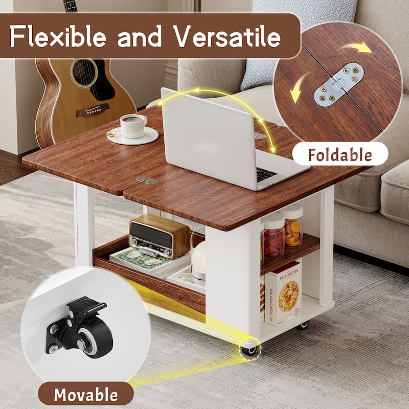 27.6" Modern Coffee Table with Foldable Top & Casters, Multi-Tier Storage Side Table for Living Room