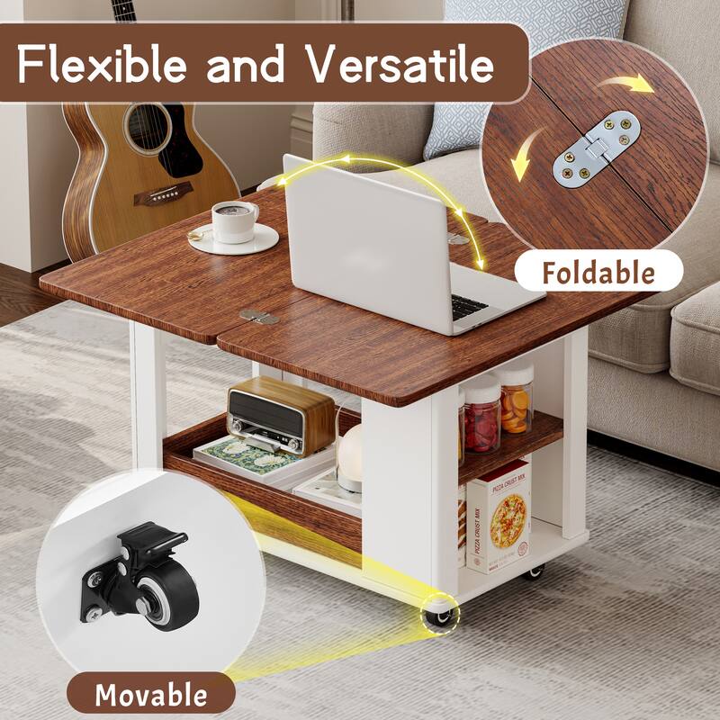 27.6" Modern Multi-Function Coffee Table/Side Table with Foldable Top & Casters, Multi-tier storage