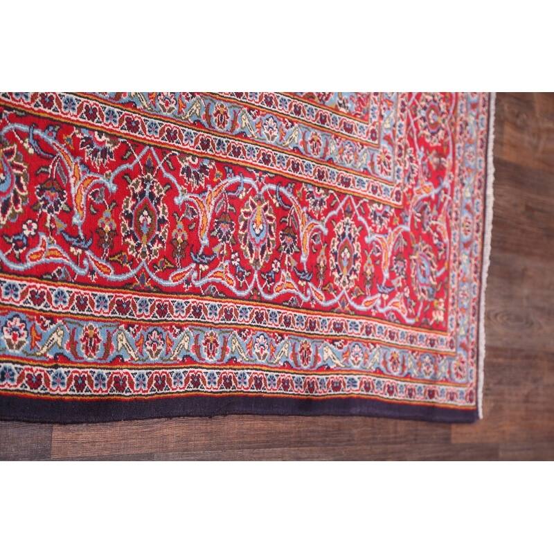 Hand Knotted Oriental 100% Wool Carpet Traditional Floral Navy Blue & Blues Mashad Area Rug - 12' 7'' X 9' 7''