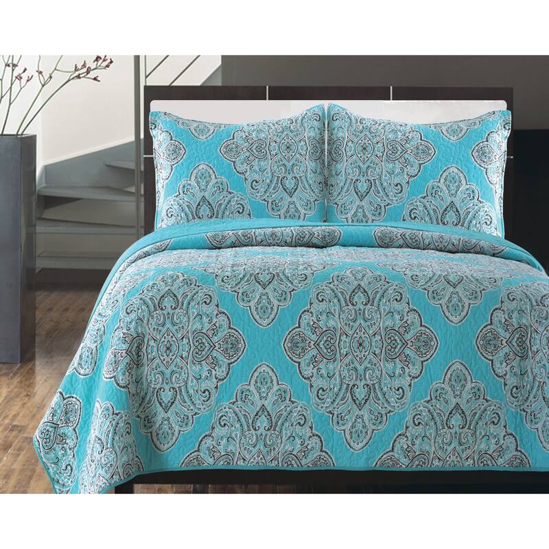 Gouchee Home Windsor Quilt Set Queen Turquoise - Turquoise - Queen
